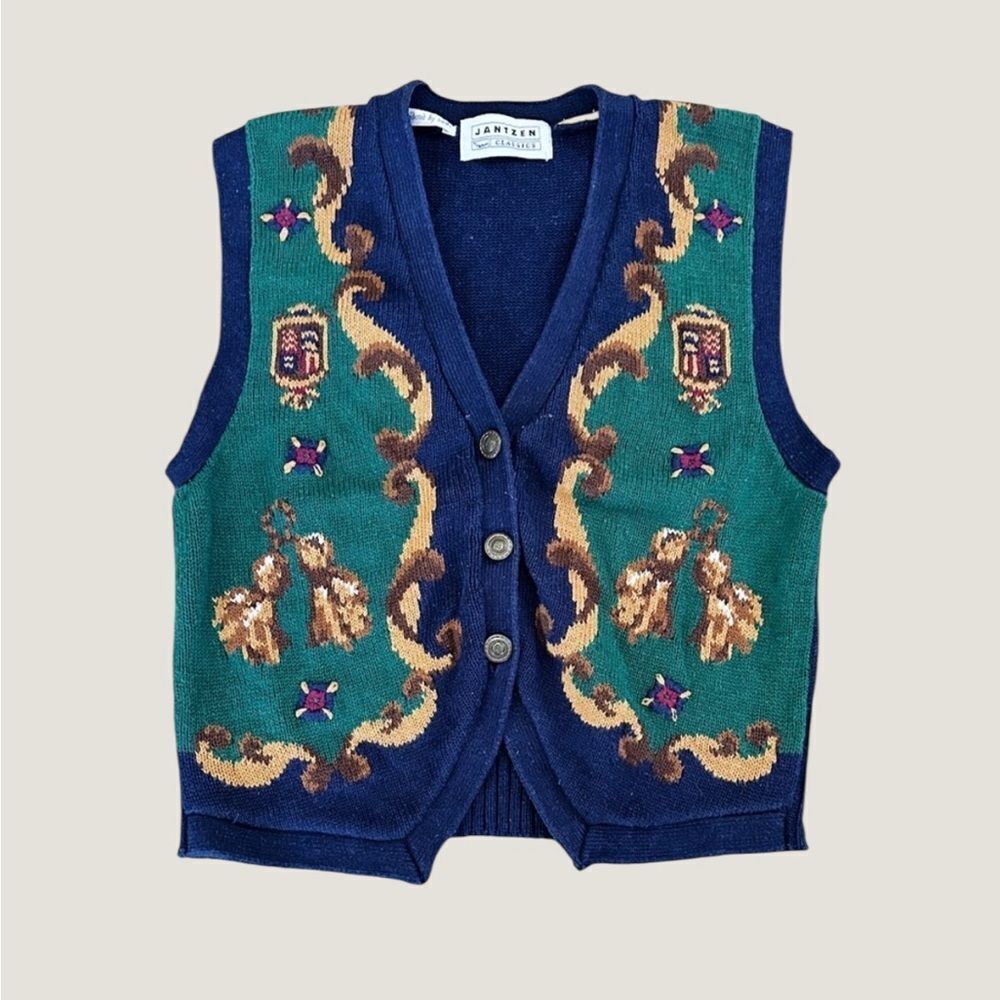 Vintage Jantzen Classics Navy Knit Vest with Floral Accents